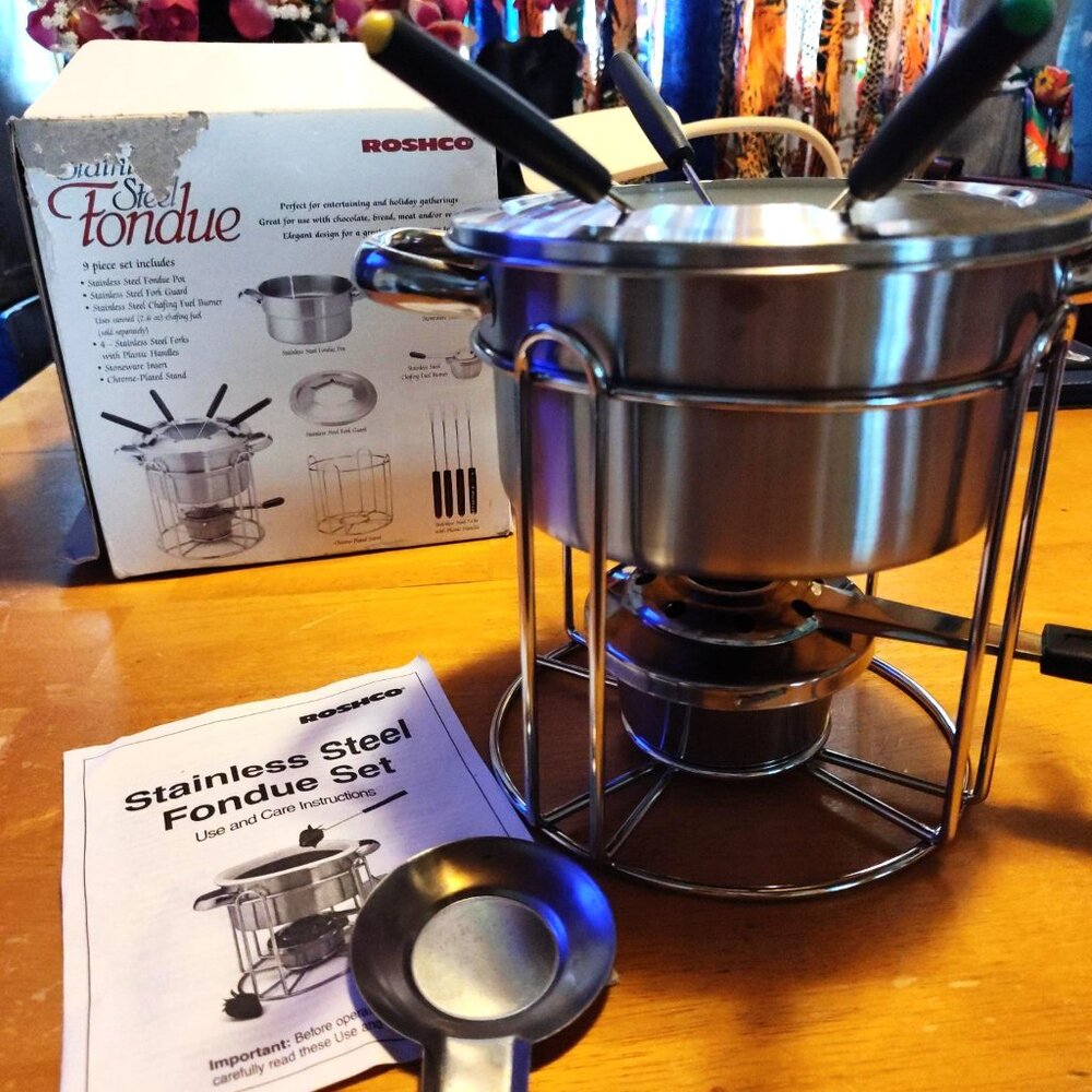 Vintage 1970's Roshco 9-Piece Stainless Steel Fondue Set SHIPS FREE